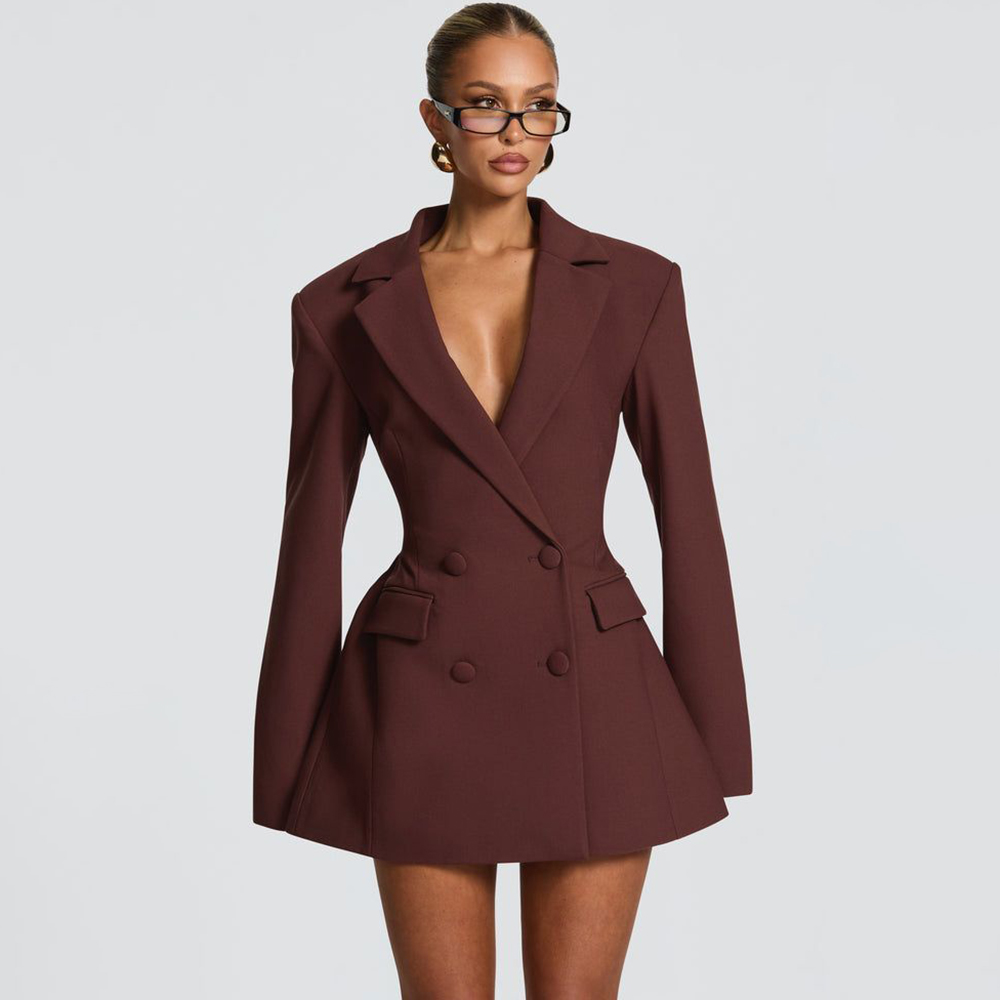 Women Formal Party Wear Dress - Élégante Robe Blazer Évasée Marron pour