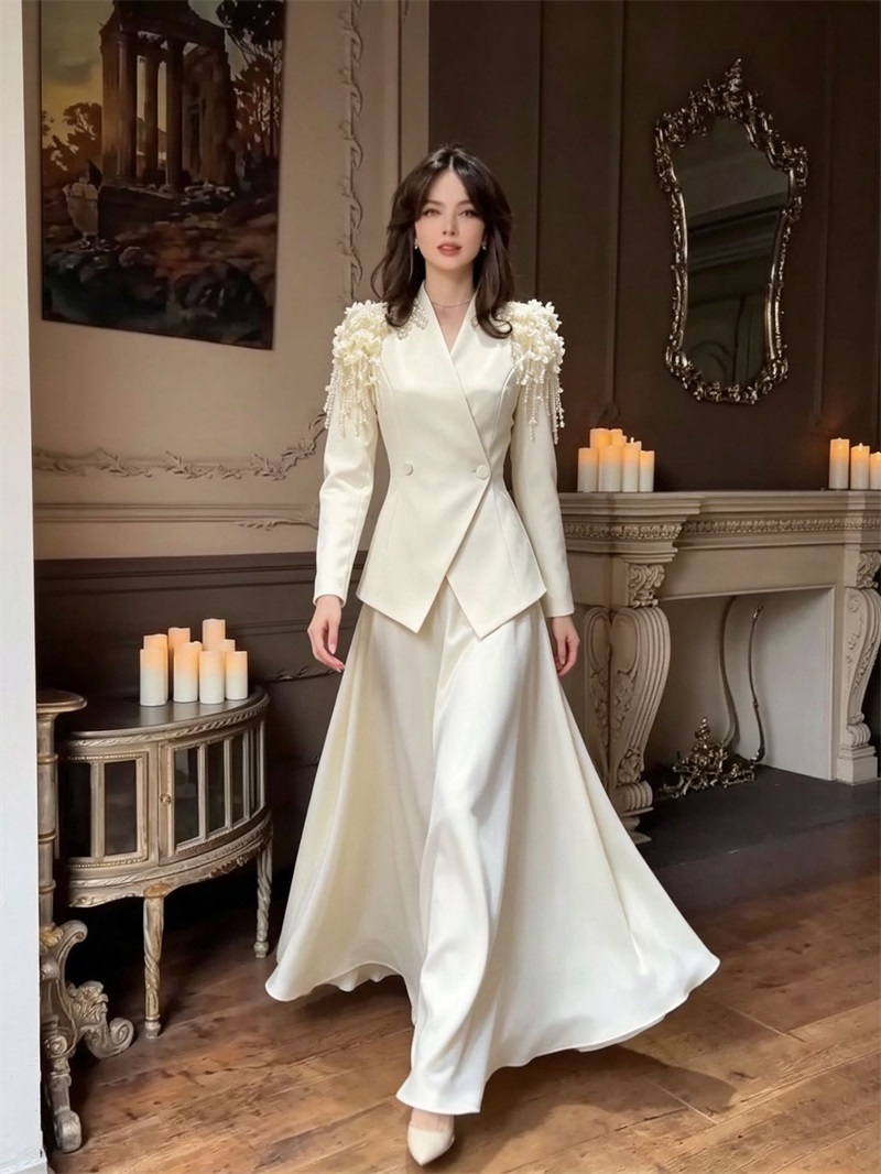 Women Formal Party Wear Dress - Ensemble tailleur jupe beige pour femme,