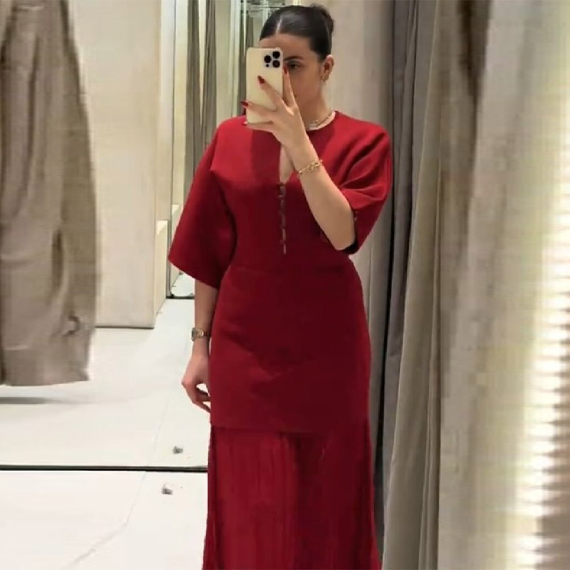 Women Formal Party Wear Dress - Robe longue plissée bordeaux élégante pour