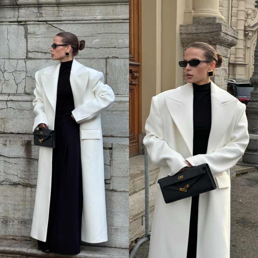 Tailored Coat Wool - Manteau long élégant à revers pointus,