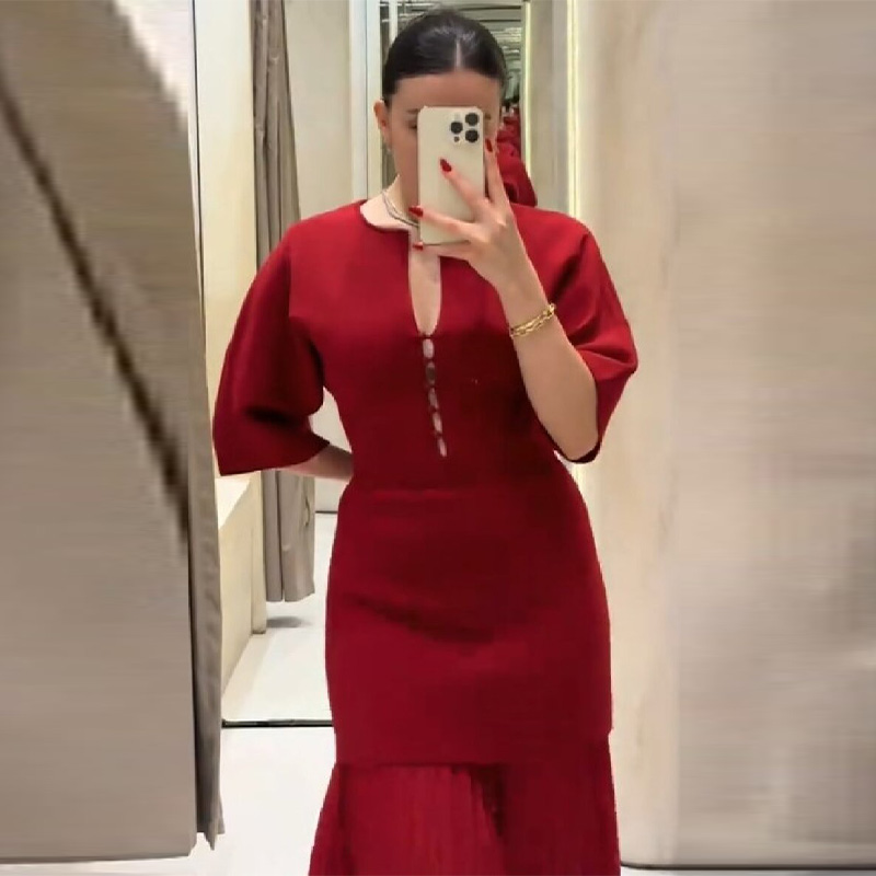 Robe longue plissée bordeaux é - Women Formal Party Wear Dress avis et prix