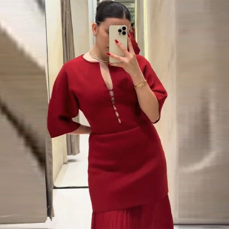 Robe longue plissée bordeaux é - Women Formal Party Wear Dress avis et prix